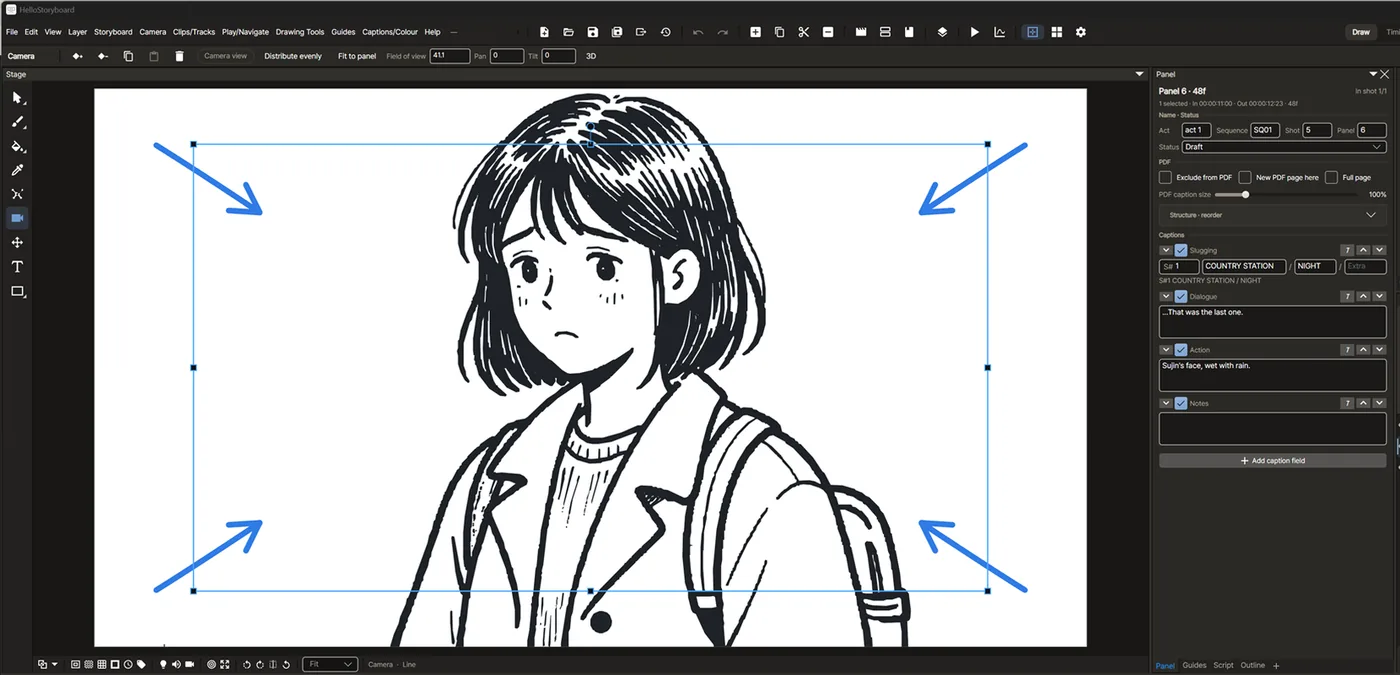 Camera tool: a blue camera frame over a close-up of the girl, with four arrows pointing inward.