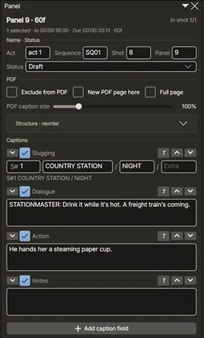 Panel properties: act, sequence, shot and panel numbers with slug, dialogue, action and note fields.