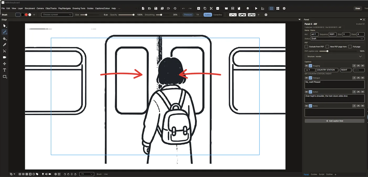 HelloStoryboard drawing view: tool bar on the left, a girl at the train doors on the canvas, brush size and opacity controls across the top.