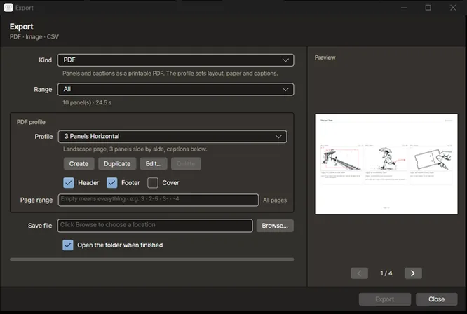 Export window: type PDF, profile 3 Panels Horizontal, with a page preview showing three panels side by side.