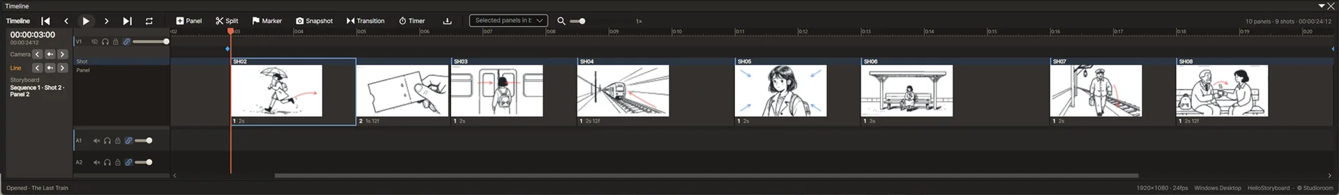 Timeline with panel thumbnails SH02 to SH08 laid out by duration, and two audio tracks below.