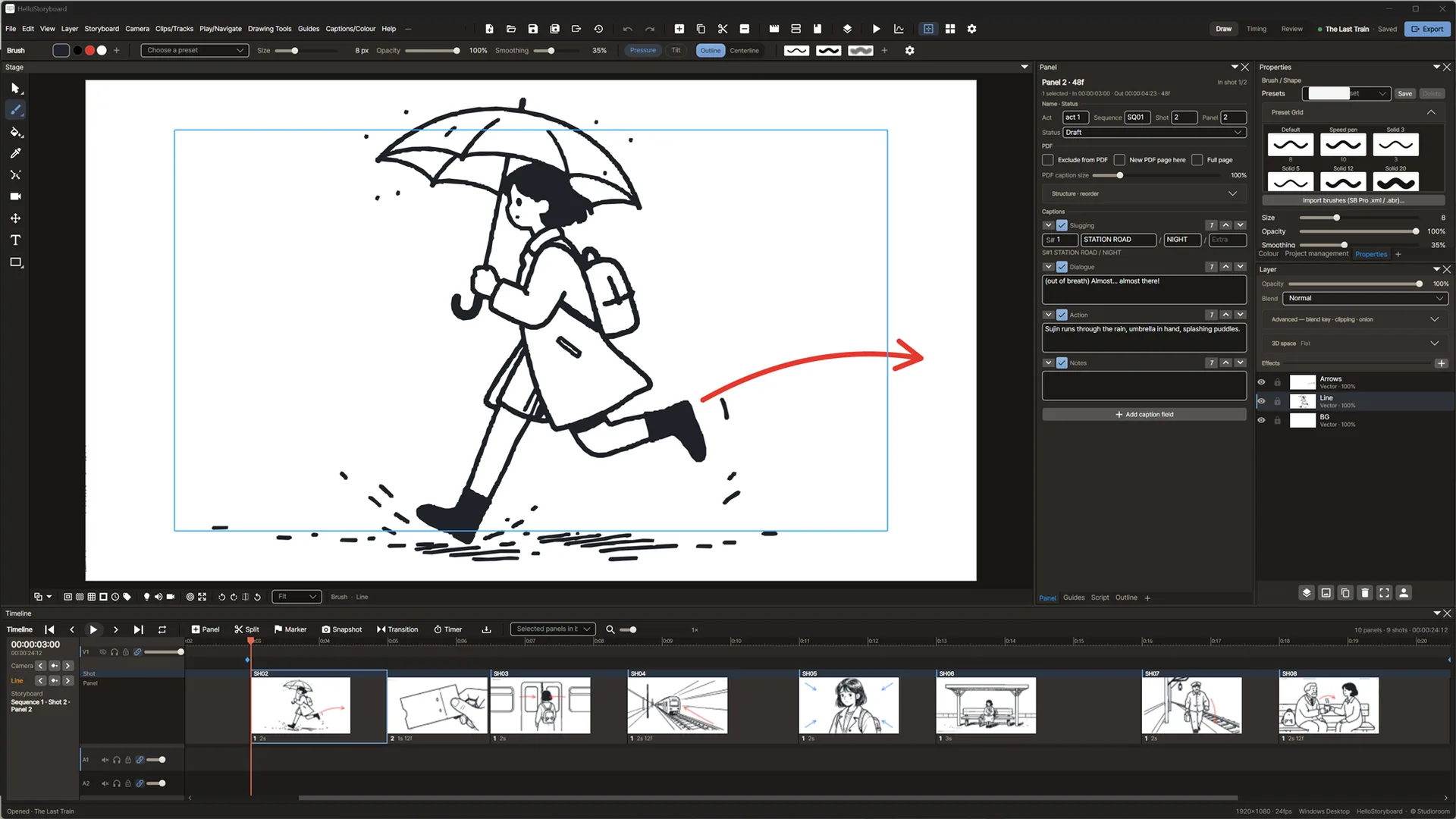 The full HelloStoryboard workspace. A girl with an umbrella runs across the canvas; panel captions, brush presets and layers sit on the right, and a timeline of panel thumbnails with two audio tracks runs along the bottom.